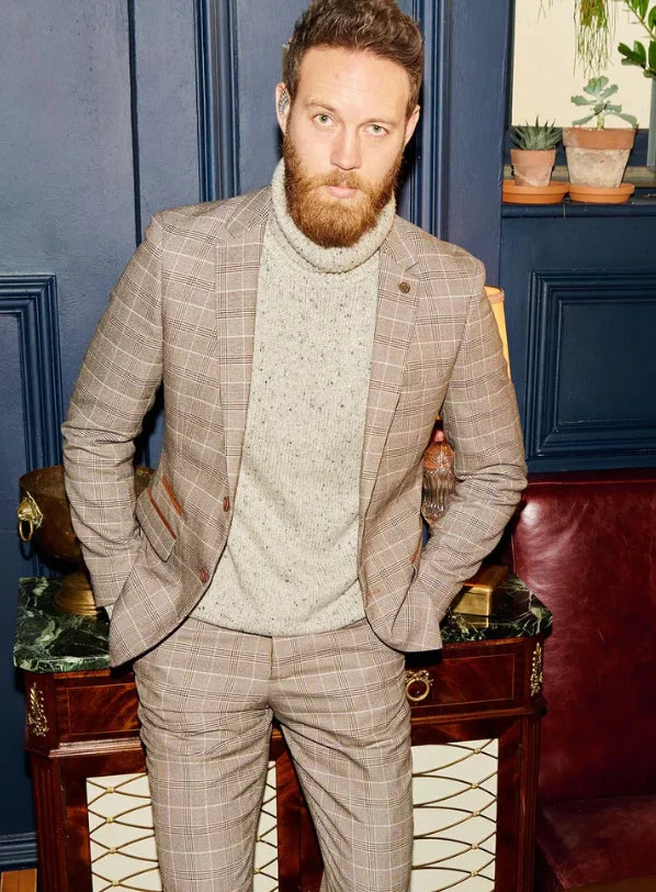 2 - teiliger Anzug - Beiger Herrenanzug mit Karomuster