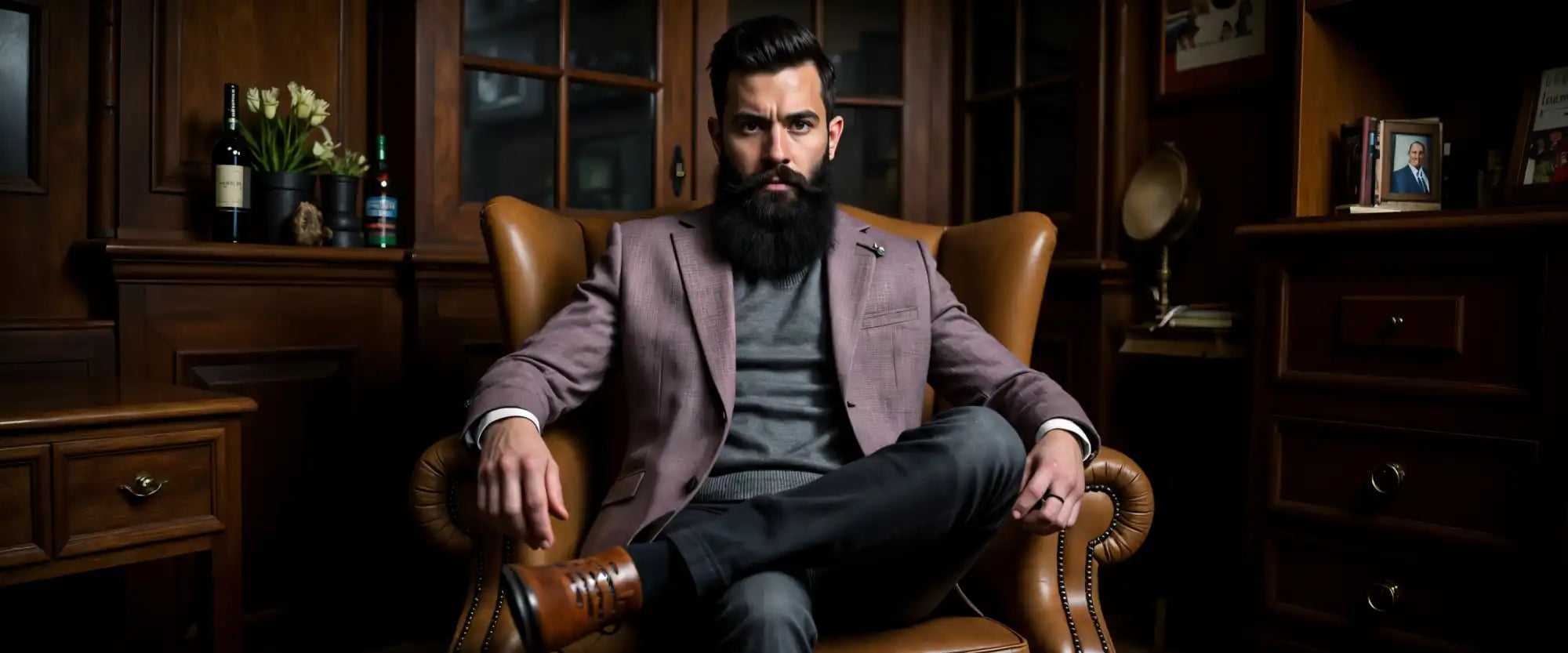 Behaarte Person in einem mauvefarbenen Blazer, die in einem Lederarmstuhl sitzt.