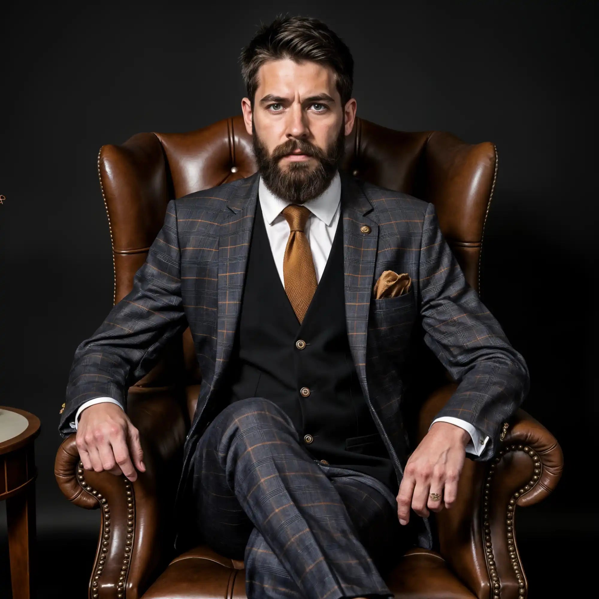 Brauner Lederarmstuhl mit Messingnagelbesatz und gebogenen Armen.