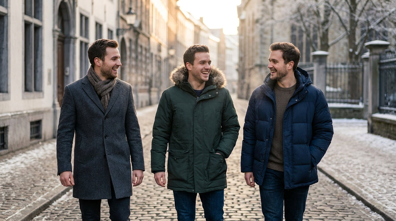 Three stylish men in diverse winter jackets walk confidently on a frost-kissed urban street during a golden hour winter after