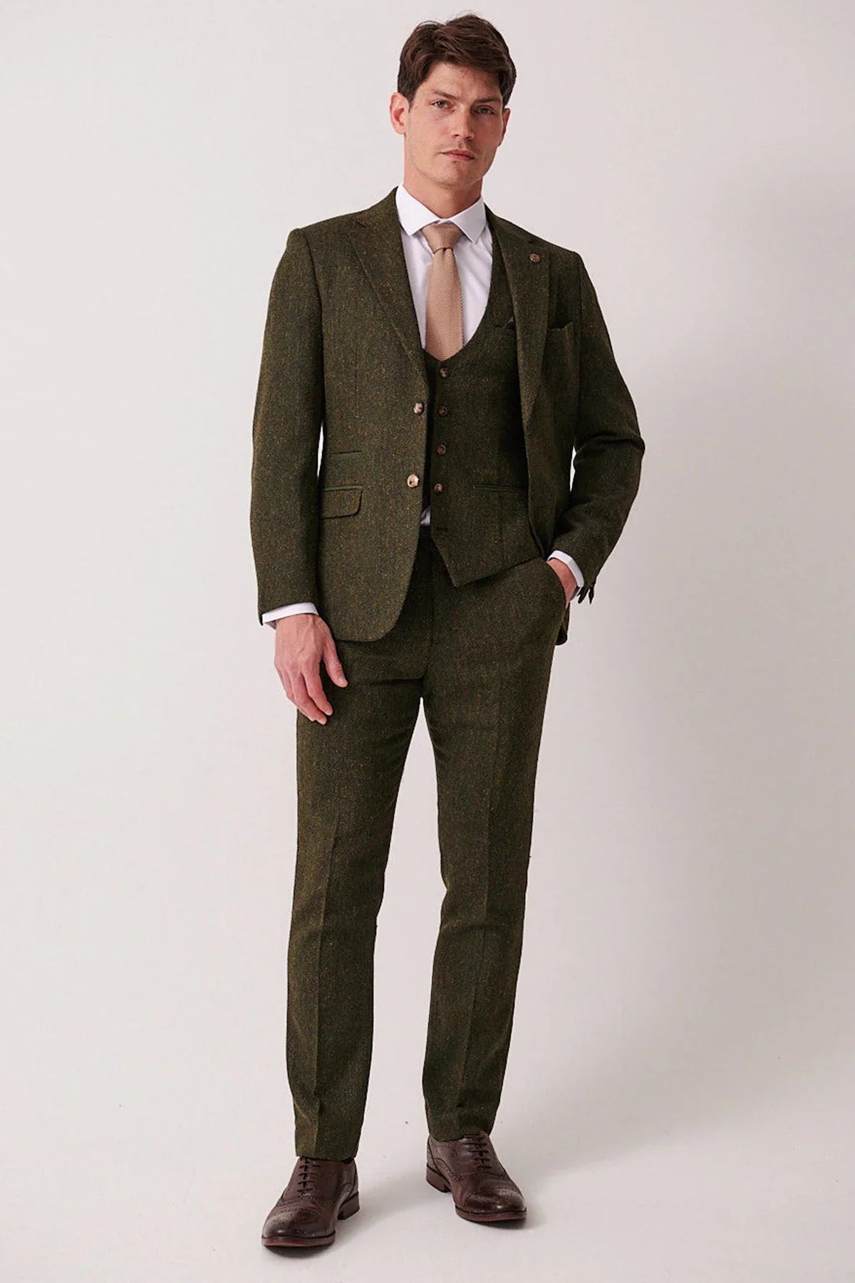 3-teiliger Herrenanzug Tweed Dean Olive – Marc Darcy