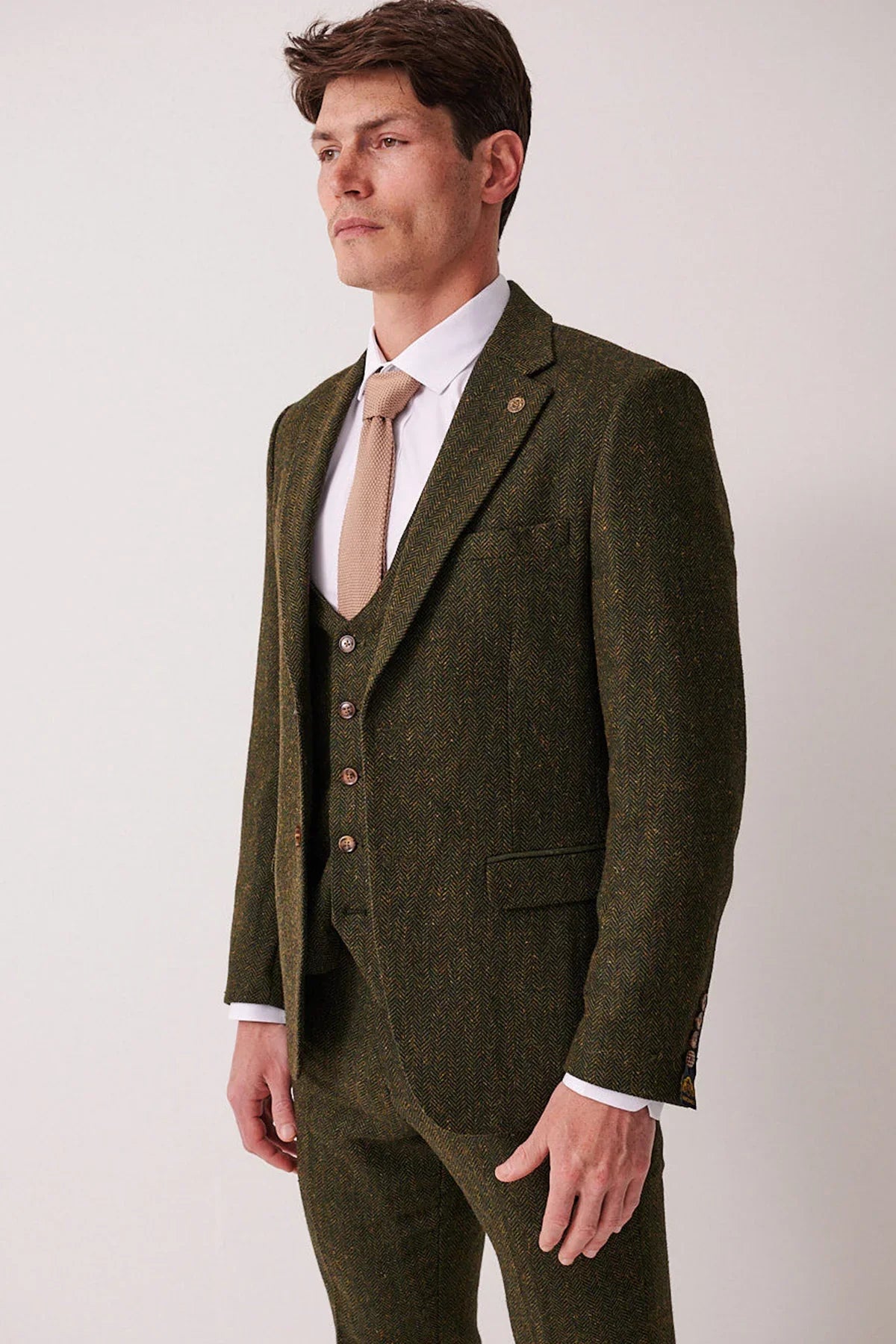 3-teiliger Herrenanzug Tweed Dean Olive – Marc Darcy