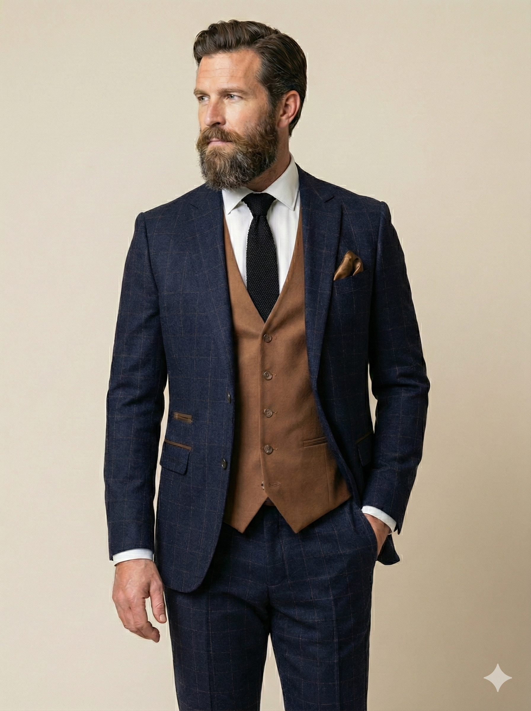 CASTLESON Admiral – Dreiteiliger Herrenanzug Karo Navy/Tan