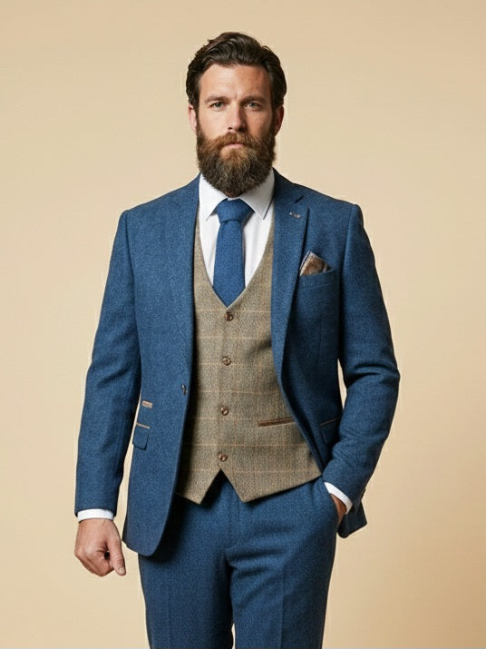 Dreiteiliger Anzug Blau/Braun Fischgrätmuster - driedelig