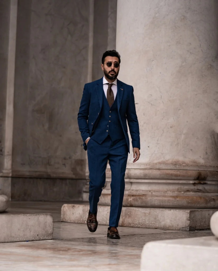 Herren Anzug Tweed slimfit Orson blau - driedelig pak